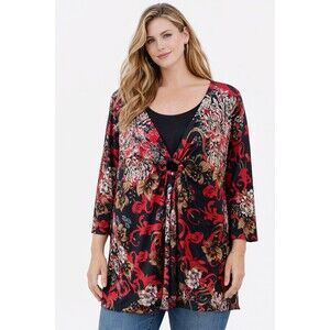 Brittany Black Women’s 1X Boho Floral Tunic Top Black Red 3/4 Sleeve Boutique
